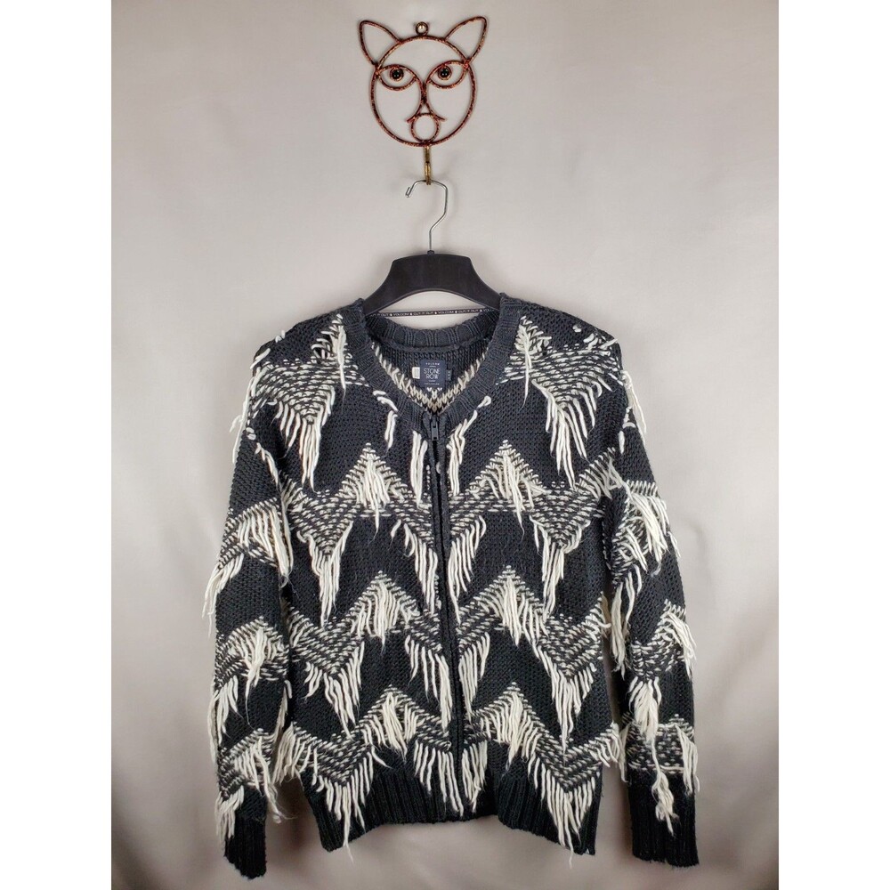 Vintage Volcom Stone Row Fringe Zip Sweater Women's Medium Black and White Boho